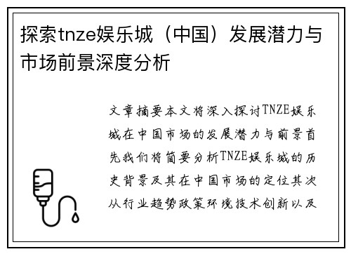 探索tnze娱乐城（中国）发展潜力与市场前景深度分析