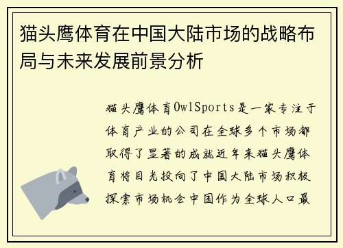 猫头鹰体育在中国大陆市场的战略布局与未来发展前景分析