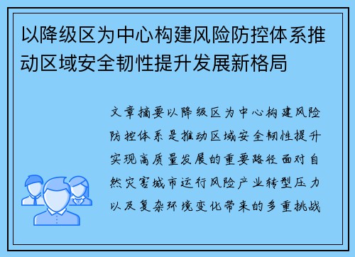 以降级区为中心构建风险防控体系推动区域安全韧性提升发展新格局 以降级区为中心构建风险防控体系推动区域安全韧性提升发展新格局